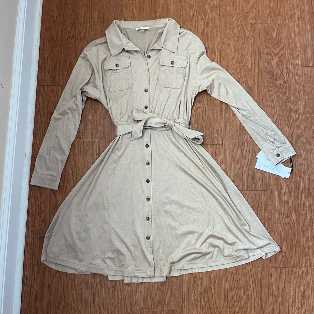 NWT Calvin Klein beige long sleeve button down dress